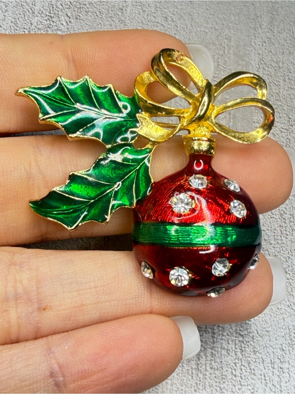 Christmas Ornament Brooch Holly Bow Rhinestones 1.75 inches